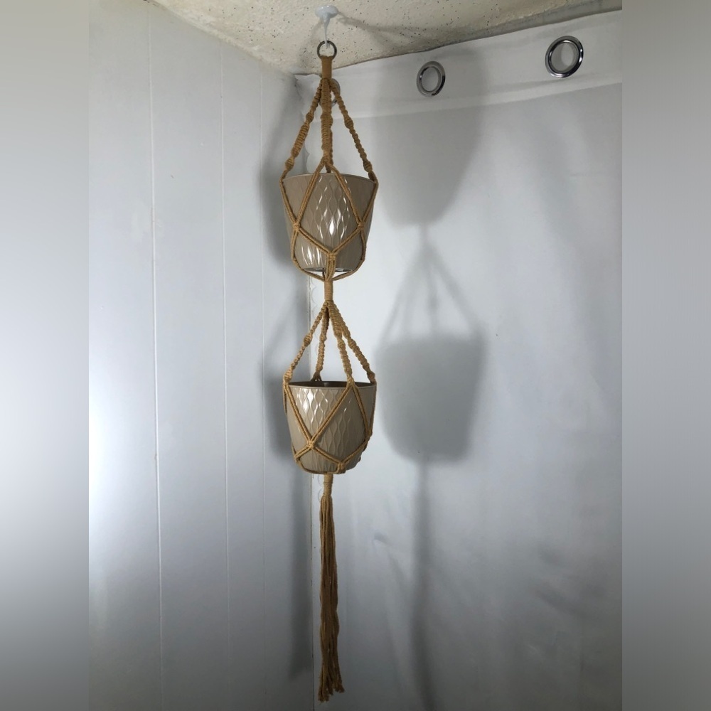 Tan Double Macrame Plant Hanger with Tan Pots. NEW.